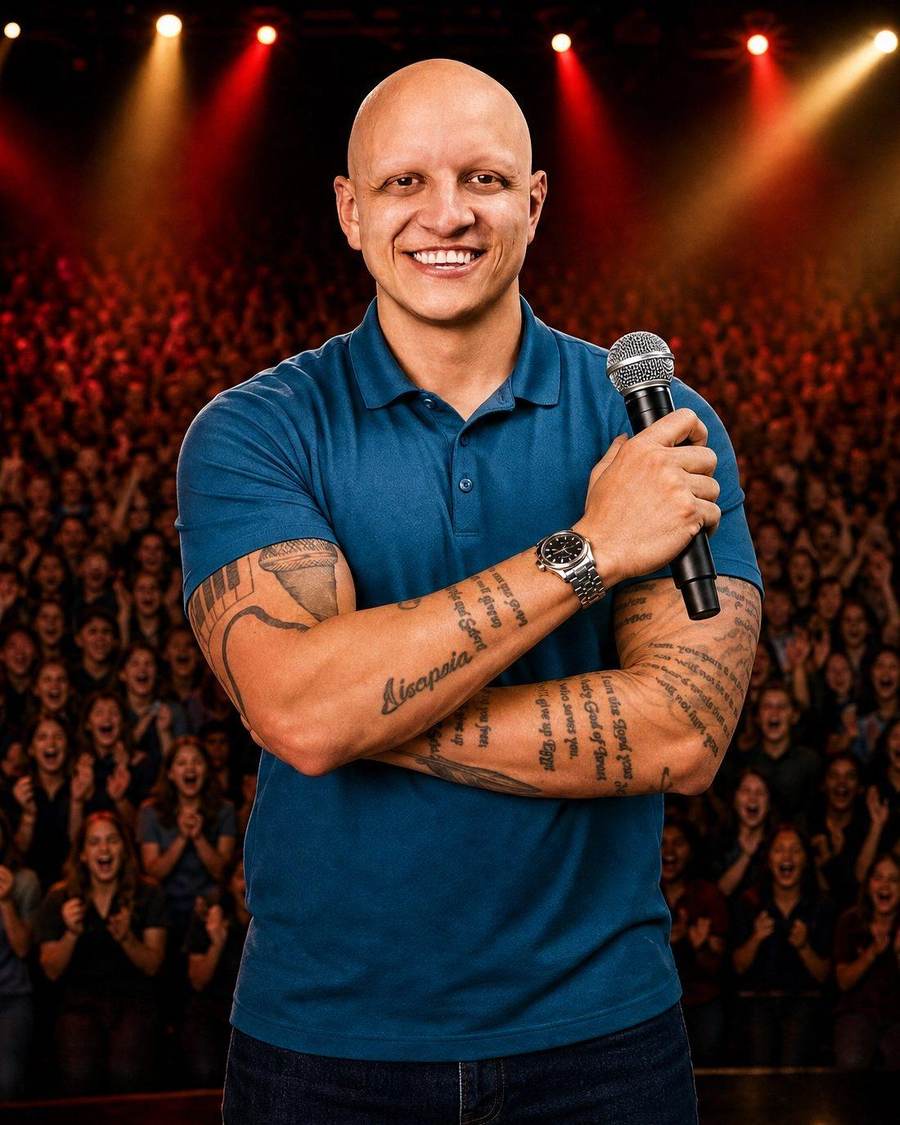 Samuel Picou holding a microphone in front of a cheering audience